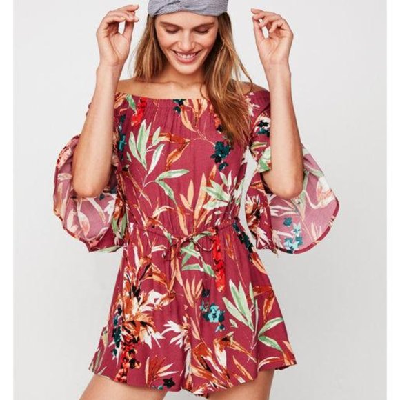 Express Tropical Off Shoulder Ruffle Rompe… - Picture 2 of 11